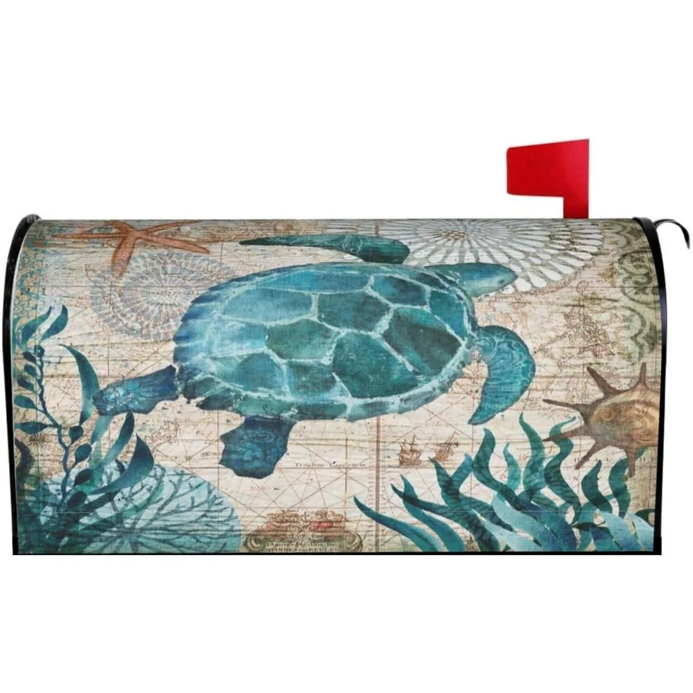 

Синяя морская черепаха, морская карта, ретро океан, крышка почтового ящика, магнитная водонепроницаемая обертка для почтового ящика, декор для почтового ящика 21x18 дюймов