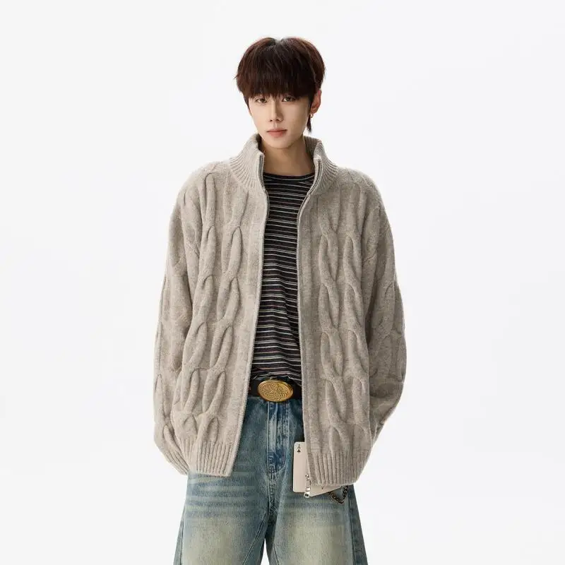 2026 Men's Cable Knit Zip Up Cardigan Stand Collar Sweater Jacket Vintage Korean Style Streetwear Oversized Warm Knitwear Tops