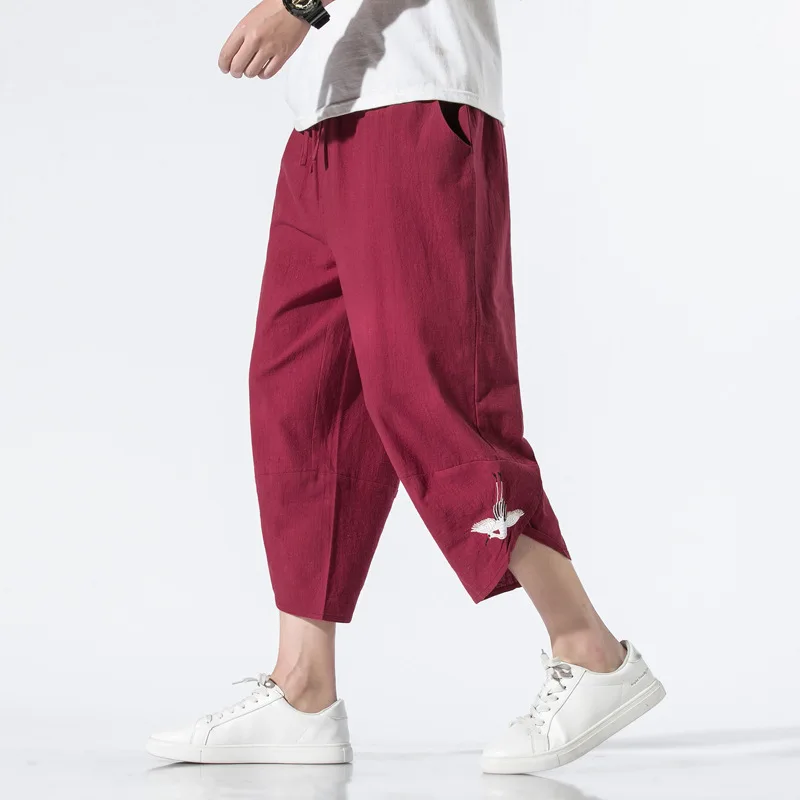 2024 Chinese Style Summer Casual Pants Linen 7-point Pants Men's Harun Shorts Men's  Thin Linen Sports Pants