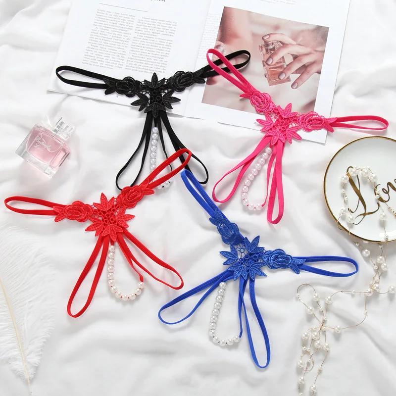

Sexy String Lace Underwear Women Back Bow Panties Women T-back G String Thong Transparent Lingerie Cute with Pearls Panties New
