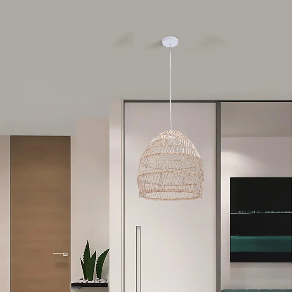 Natural Handmade Rattan Woven Chandeliers 1-Light E27 Beige Rattan Wicker Pendant Lights Country Dome Hanging Lamp Ceiling Light
