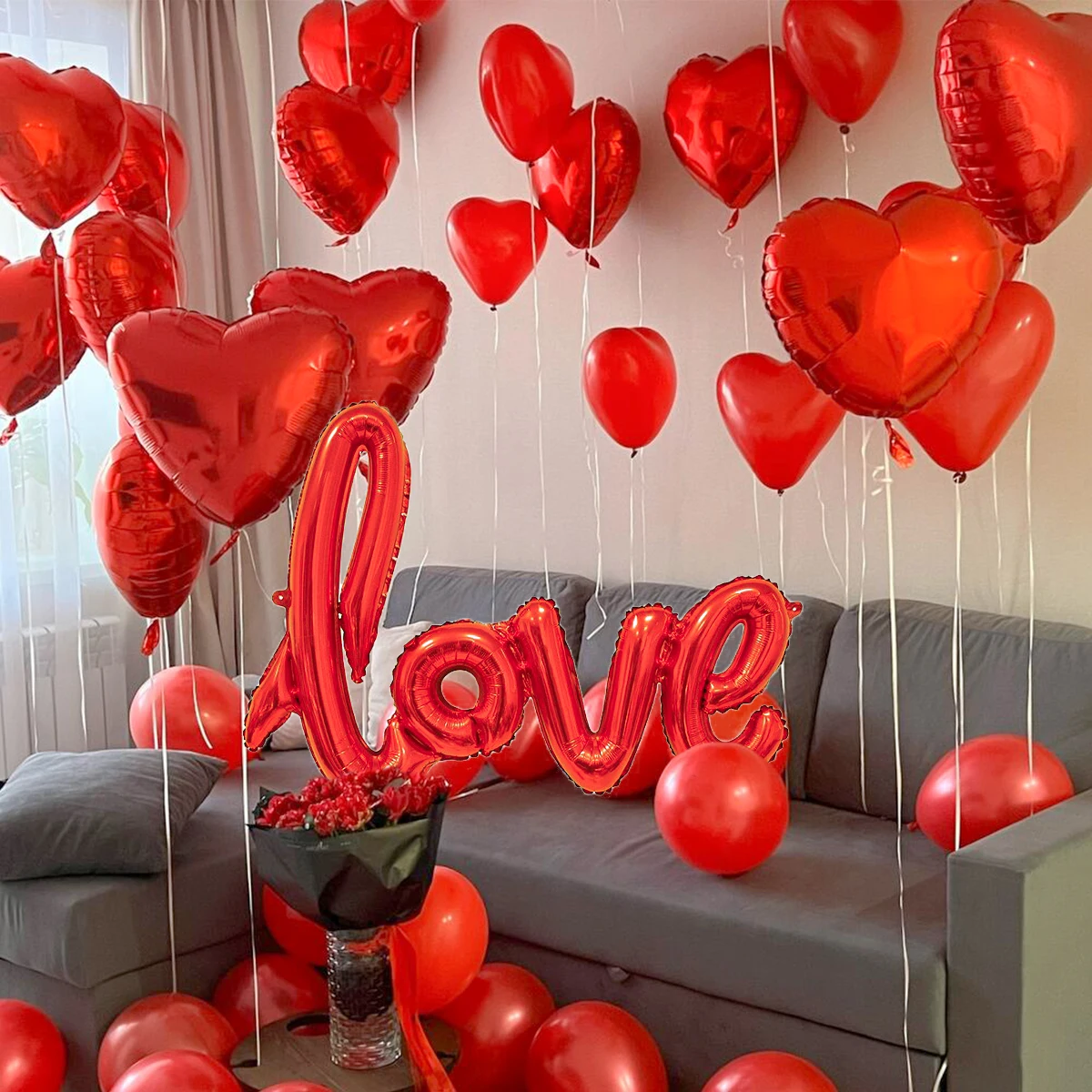 Rotes Liebesbrief-Ballon-Set 18 Zoll Herzförmiger Ballon mit Simulationsblütenblättern Valentinstag Hochzeitsfeier Dekoration – Detail 4