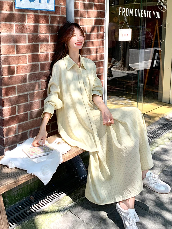 

Women's Stripe Shirt Dress Two-Piece Set Long Sleeve High Waist A-Line Skirt Commute Style Casual Wear Spring Autumn New Arrival