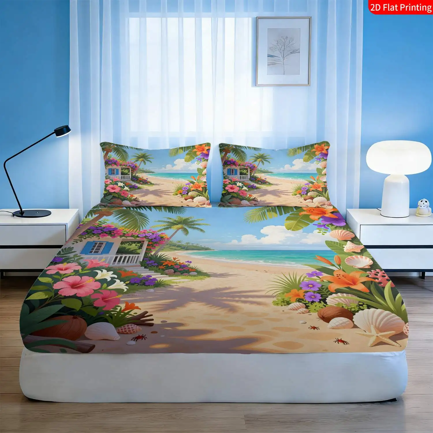 Tropical Beach Style, Summer Ocean-Themed Bedding, Palm Tree and Shell Print Bedroom Three-Piece Bedding Set (Includes 1 Fitted Sheet + 2 Pillowcases), 3-Piece Set, Large Deep-Pocket 2D Printed Fitted Sheet and 2 Pillowcases, Mattress Protector, Fitted Sheet Style, Protective Cover, Mattress Protector, Suitable for All Seasons, Machine Washable Design, Holiday Decoration, Various Sizes, Breathable Protective Cover Plus Pillowcases