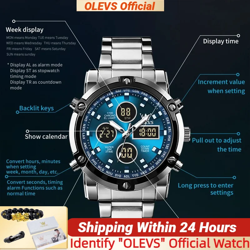 

Часы OLEVS 1106, мужские часы с хронографом и календарем, будильник, кварцевый механизм, многофункциональные мужские часы из нержавеющей стали, трендовые часы