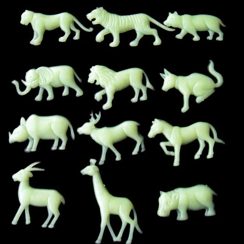 12pcs Luminous Animals Wall Stickers Elephant, Tiger, Horse, Lion and Giraffe Glow in the Dark Fluorescent Stickers