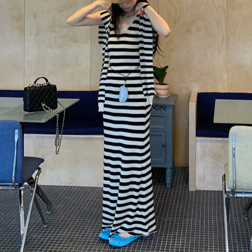 

Весна-лето 202, женский комплект из двух предметов, вязаный комплект Dr с шилом, корейский ретро-комплект из 00% лиоцелла в полоску Faion