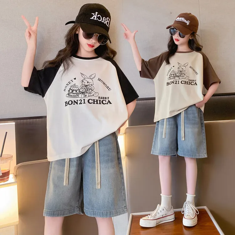 2024 Korean Summer School Girl Tracksuit Teenager Girl Contrast Cartoon T-shirt Kids Girl Denim Shorts Sets For Children