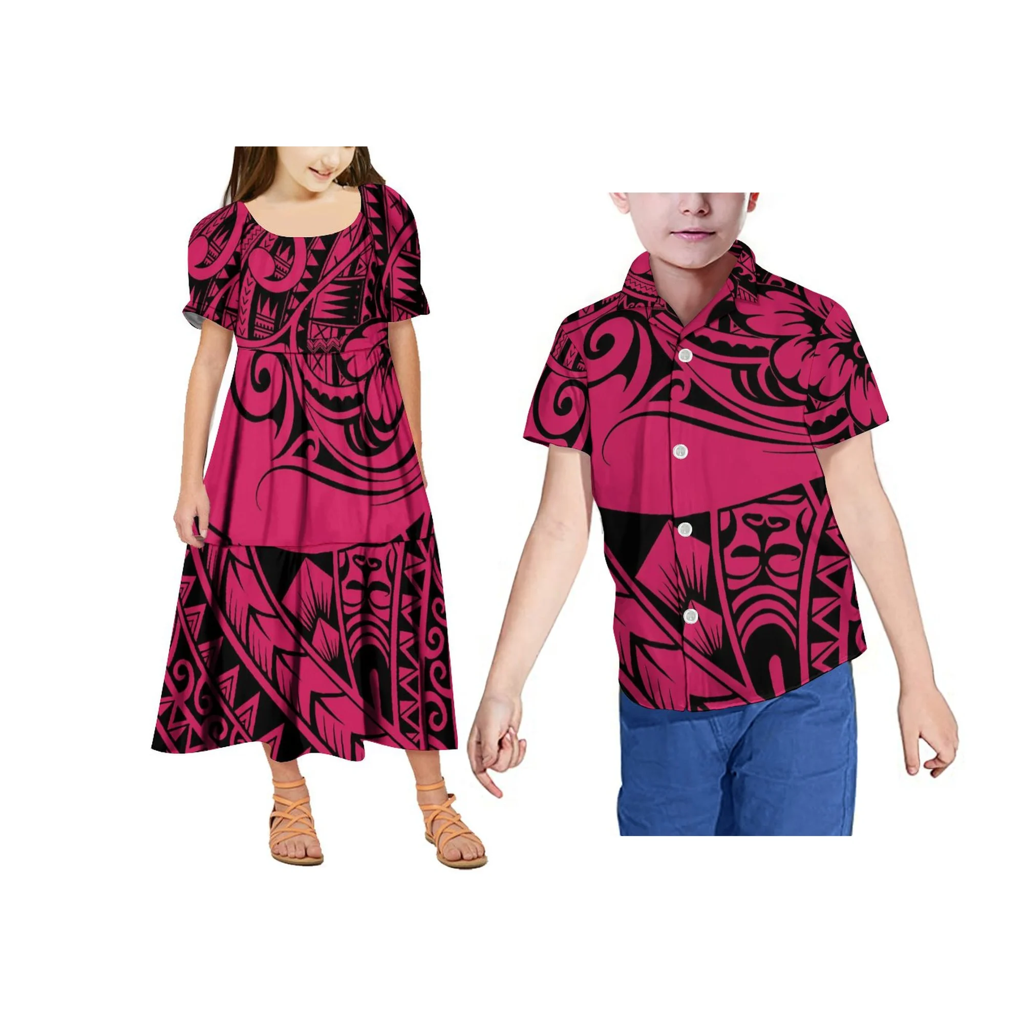 Novo estilo havaiano polinésia tribal impressão personalizado verão bebê menina vestido de manga curta inchado em camadas crianças vestido casual