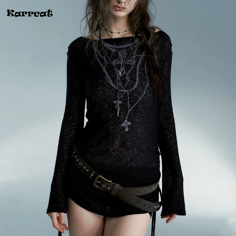 Karrcat Grunge Aesthetics Knitted Tops Vintage Tattoo Print T-shirt Wasteland Punk Black Ribbed Tee Shirt Gothic Alt Streetwear