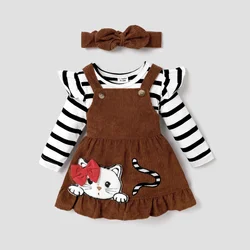 PatPat 3pcs Baby Girl Stripe Ruffle Long-sleeve Romper and Cat Embroidery Buttons Ribbed Strappy Ruffle Skirt & Headband Set