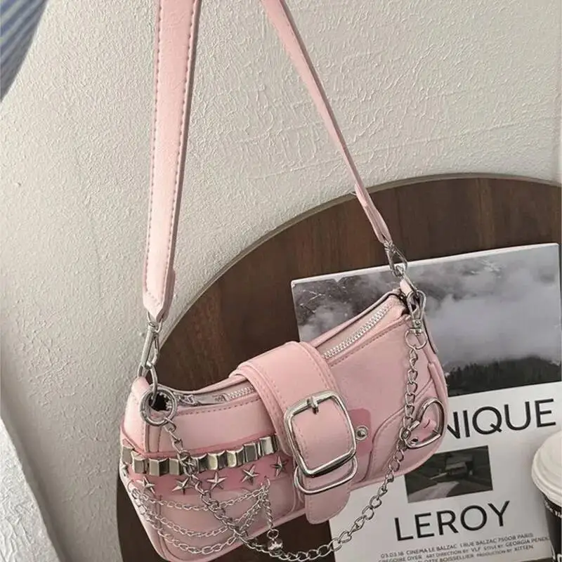 Bloom Haruku Sweet Cool Pink Y2k For Women High Street Chain Underarm Bag Summer Fairy Core Aesthetic Handbag 2025 New
