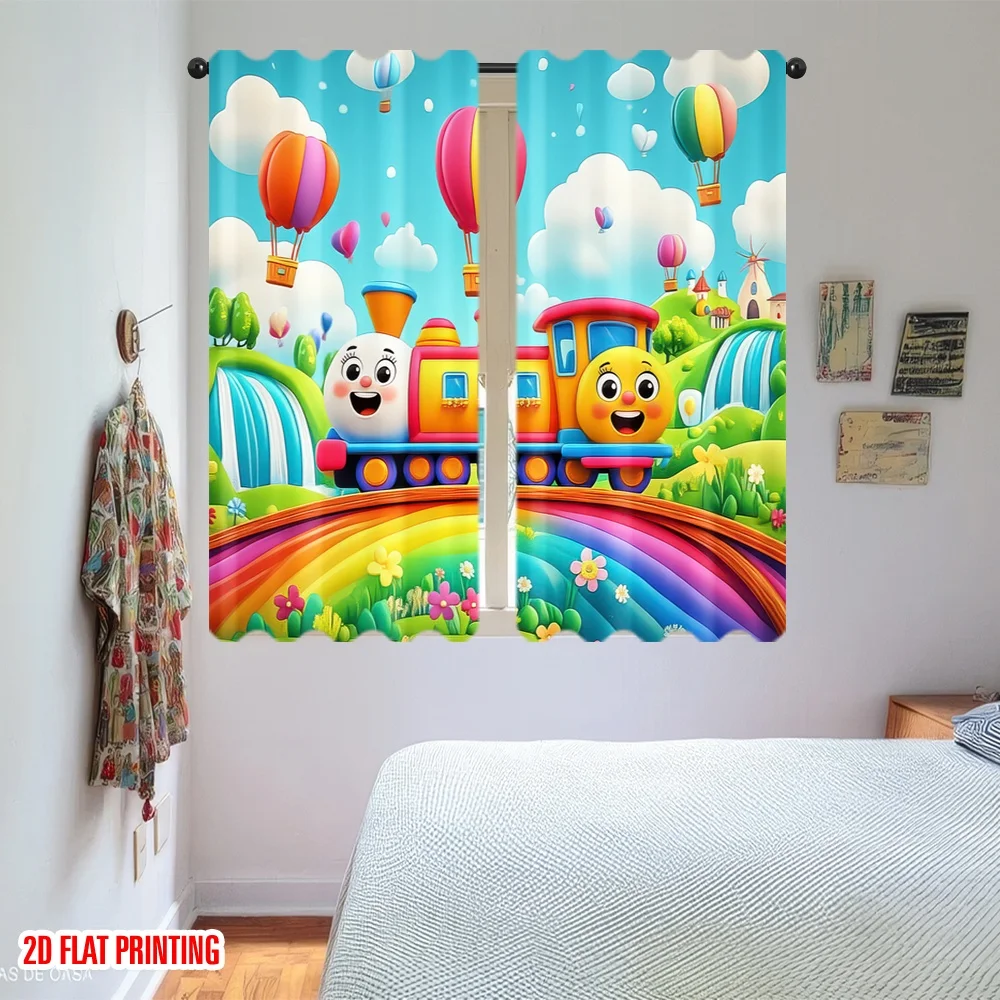 Cartoon Train and Rainbow Blackout Curtains - Cute Hot Air Balloon Print Window Drapes for Kids Room Nursery Baby Bedroom Decor