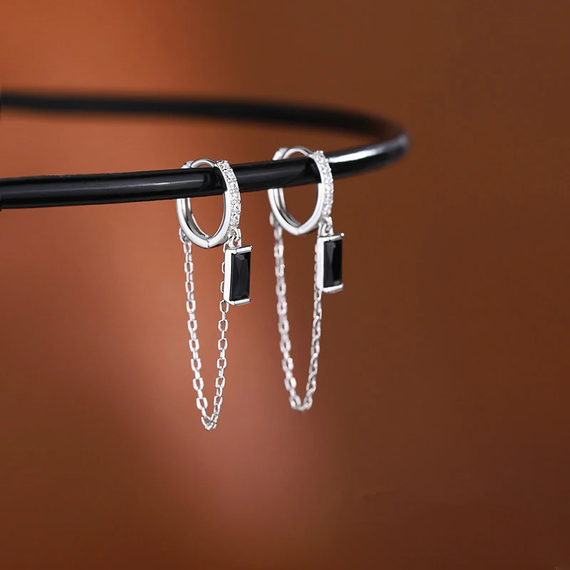 

Real 925 Sterling Silver Zircon Round Chain Tassel Stud Earrings For Women Classic Fine Jewelry Light Luxury Accessories