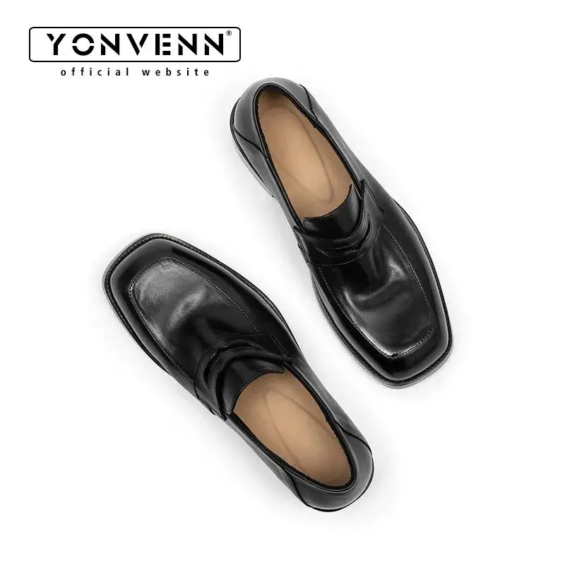 Washed cowhide square toe loafers men's slip in leather shoes thick soled work commuting formal dress shoes