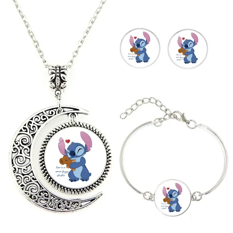 

3pcs Disney Lilo and Stitch Cartoon Necklace Time Stone Half Moon Modeling Necklace Earrings Set Anime Stitch Jewelry Bracelet