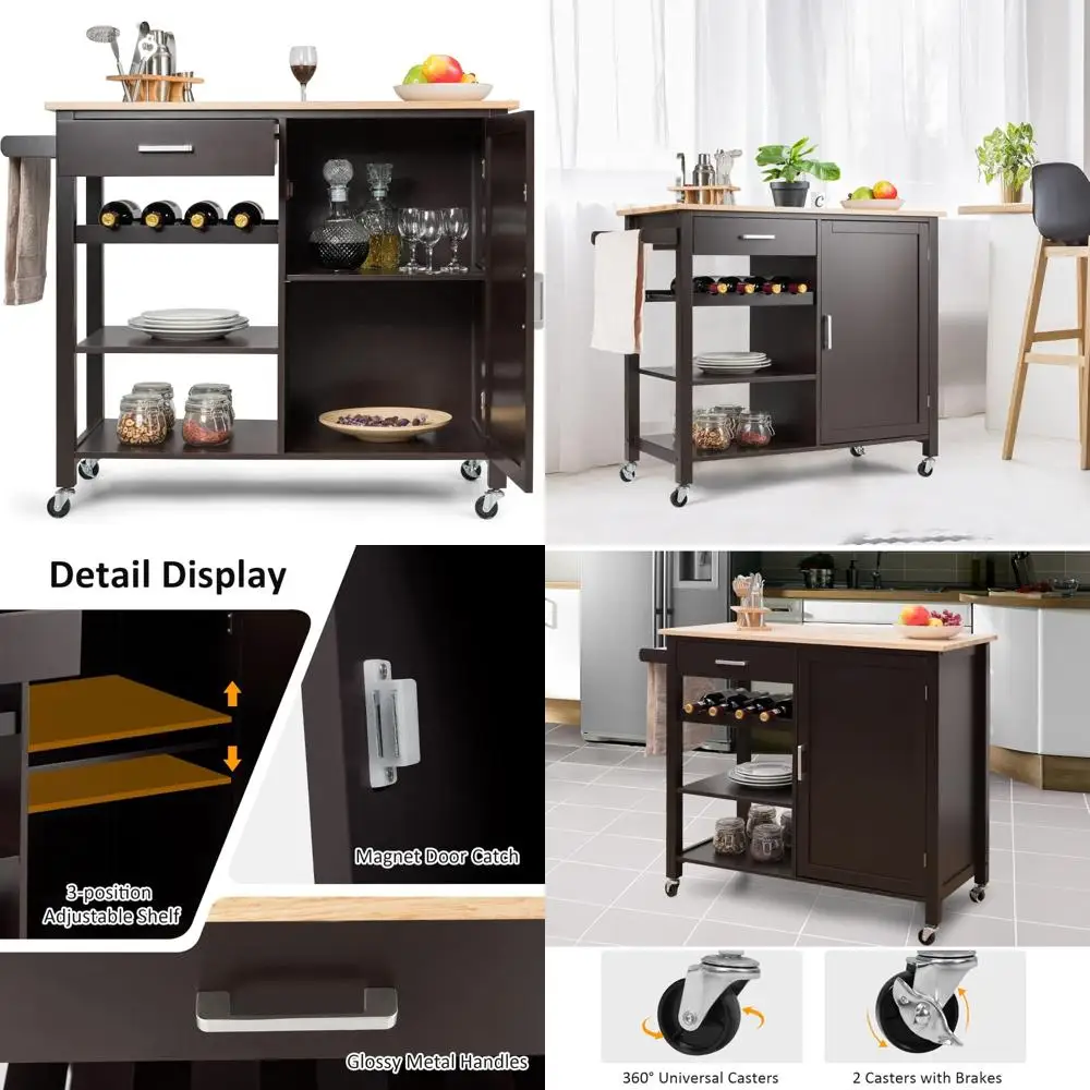 Kitchen Storage Cart with Wheels, Trolley Cart featuring Wine Rack, Shelves, and Towel Rack, 360° Swivel Wheels & Detachable