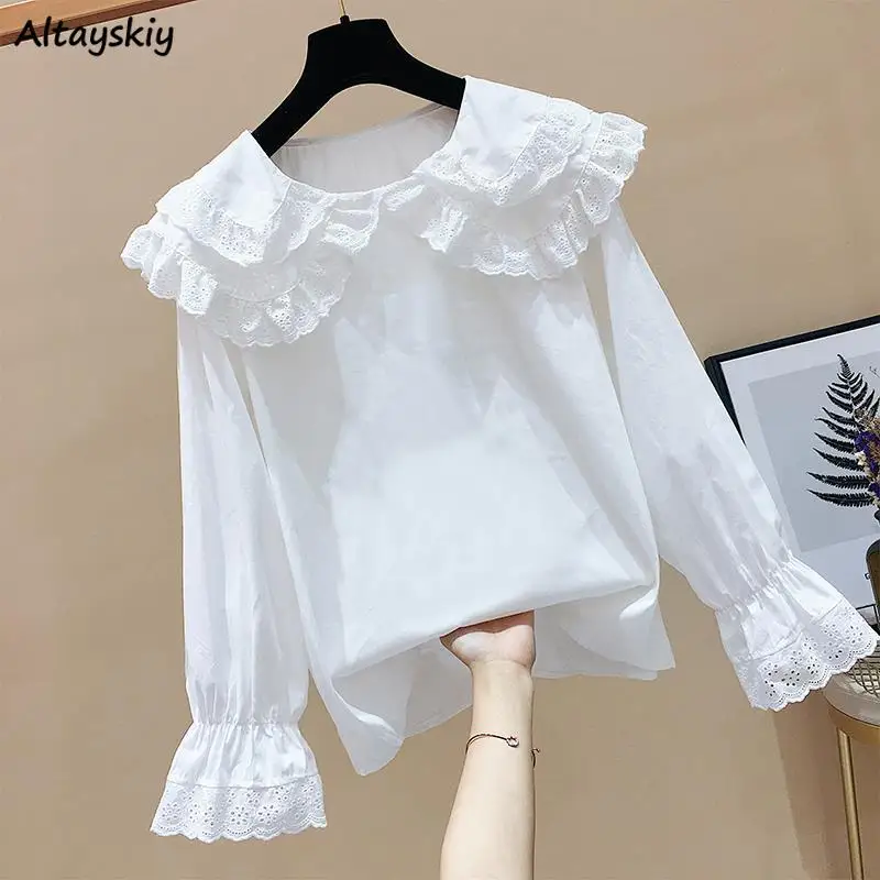 

Blouses Women Kawaii Korean Fashion Lace Flare Sleeve Baggy Sweet Students Mujer Ins Temperament Spring Pure Design All-match