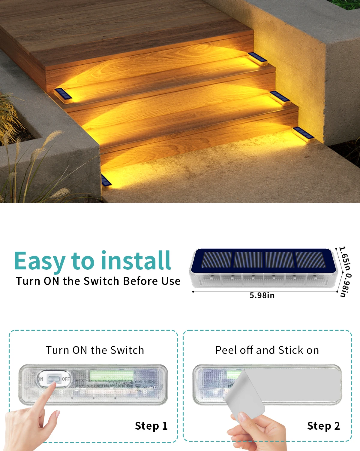     Luci da pavimento solari da 6 pezzi Illuminazione per scale a LED per esterni IP68 Lampade solari per esterni impermeabili per scale Scale Pathway