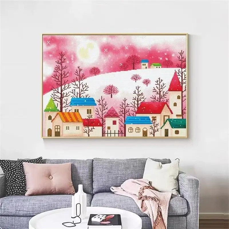 

Handmade cross stitch finished fairy tale town new living room, bedroom, children's room decoration, hanging picture with frame