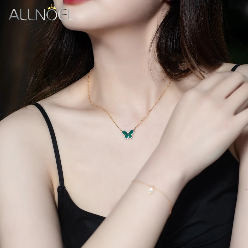 ALLNOEL Natural Malachite 925 Sterling Silver Necklace For Women 50cm Butterfly Green Gemstone Elegant Anniversary Gifts Jewelry