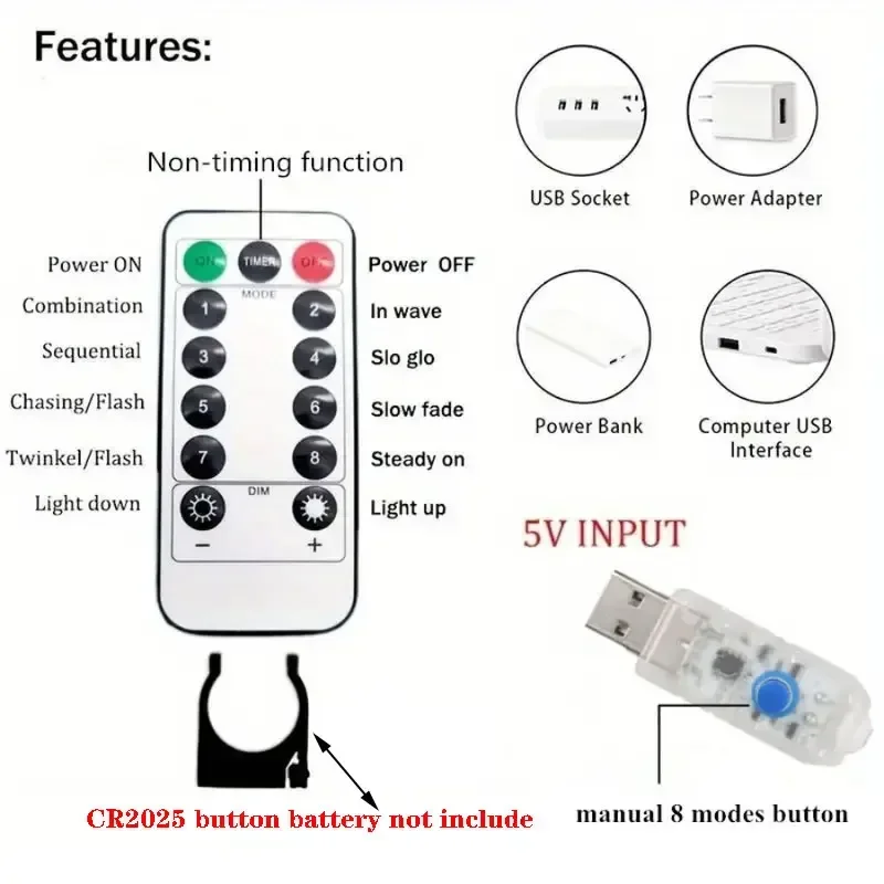 LED Curtain Light String USB Powered 8 Modes Christmas New Year Party Holiday Lights Home Wedding Birthday Room Decor Aesthetic