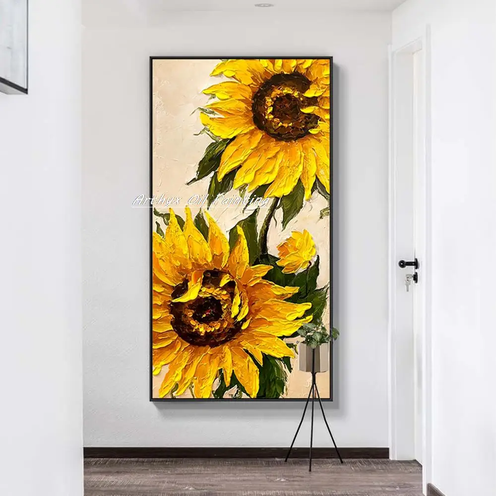 Imagem -03 - Arthyx-hand Painted Pintura a Óleo sobre Tela Textura Grossa Girassol Abstrato Flower Wall Art Handmade Picture For Home Decoration