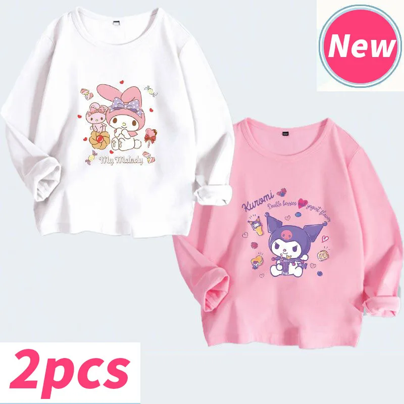 Anime Kuromi Mymelody Children Pure Cotton Long Sleeved Two-Piece Sanrio Spring/Fall Kids T-Shirt Top for Girls Costume Gift