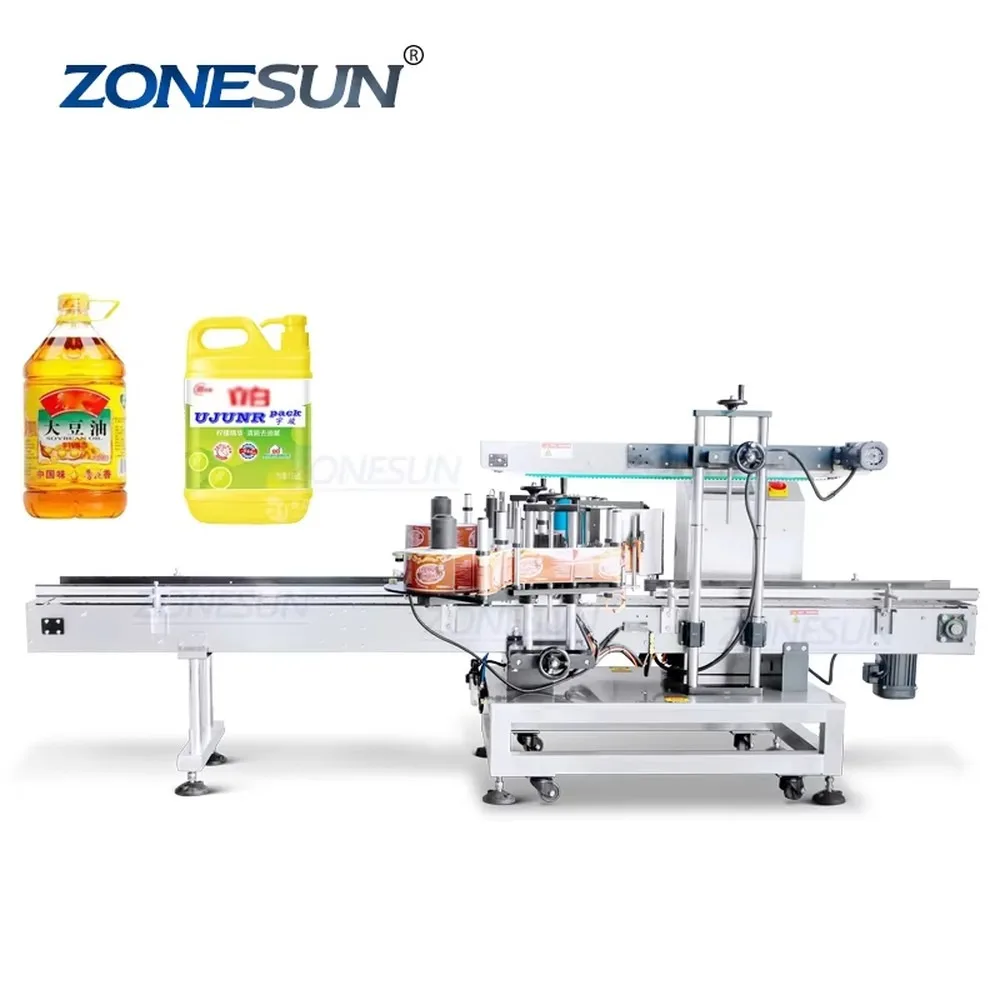 Automatic Flat Bottle Labeling Machine Double Sided Square Bucket Jerry Can Sticker Applicator For Engine Oil Detergent