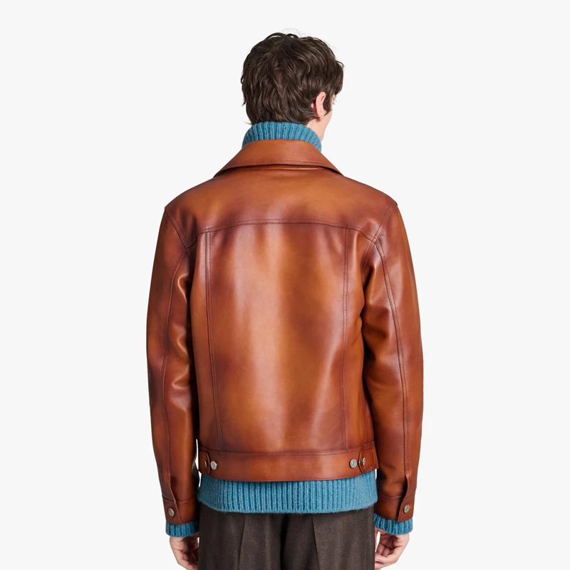 Men's Brown Genuine Leather Jacket - Classic British Fashion Multi-Bag Design Autumn/Winter New Calfskin Short Jacket