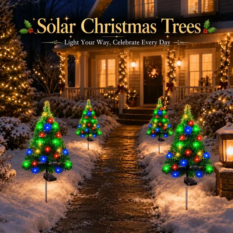 1-4PCS Solar Powered Colorful Christmas Tree Lamp LED Waterproof Glowing Decoration for Yard Garden Lawn Party  Home Display
