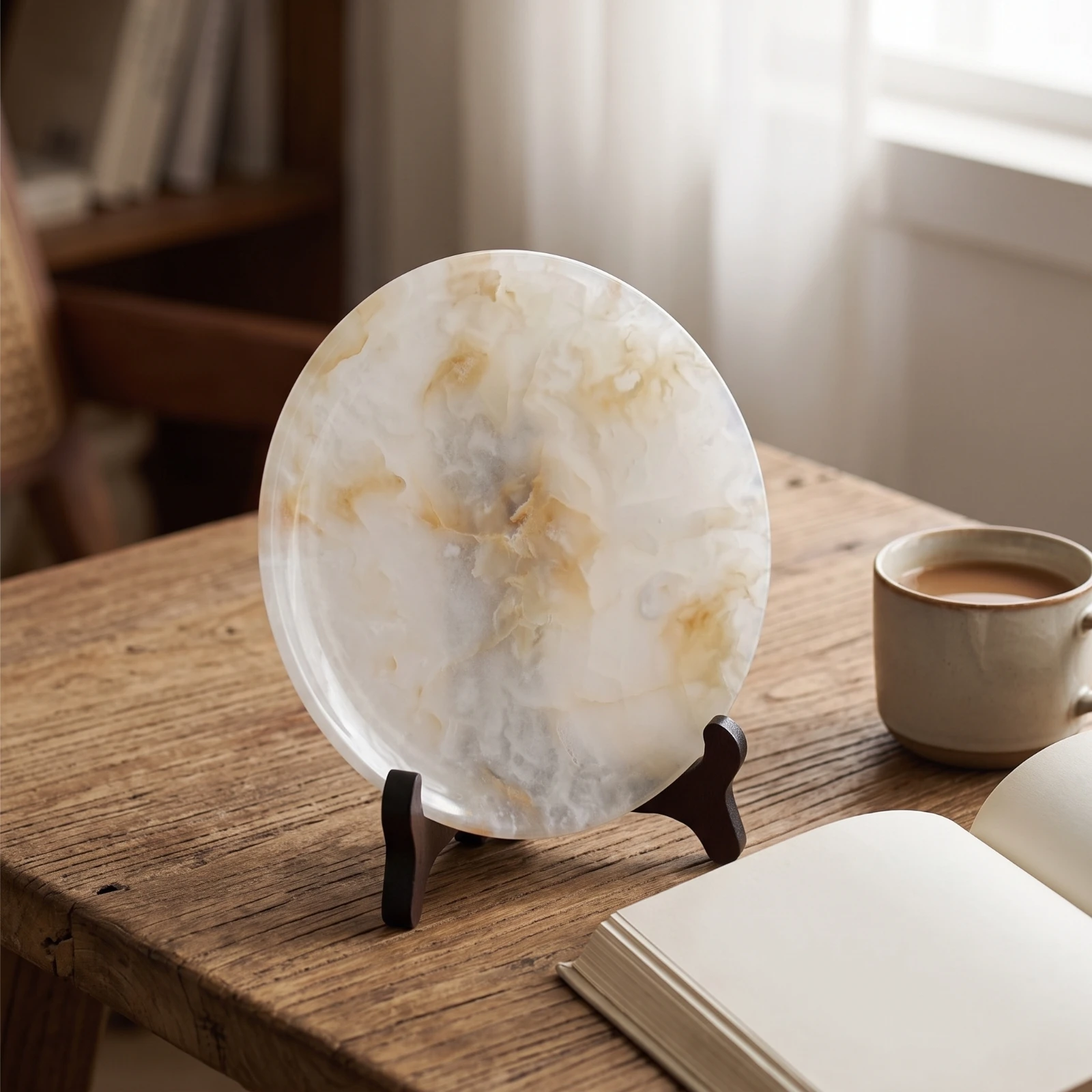 Marble Plate with Stand Decorative Marble Tray Stone Fruit Platter Low-Profile Round Tray Easy to Clean for Coffee Table