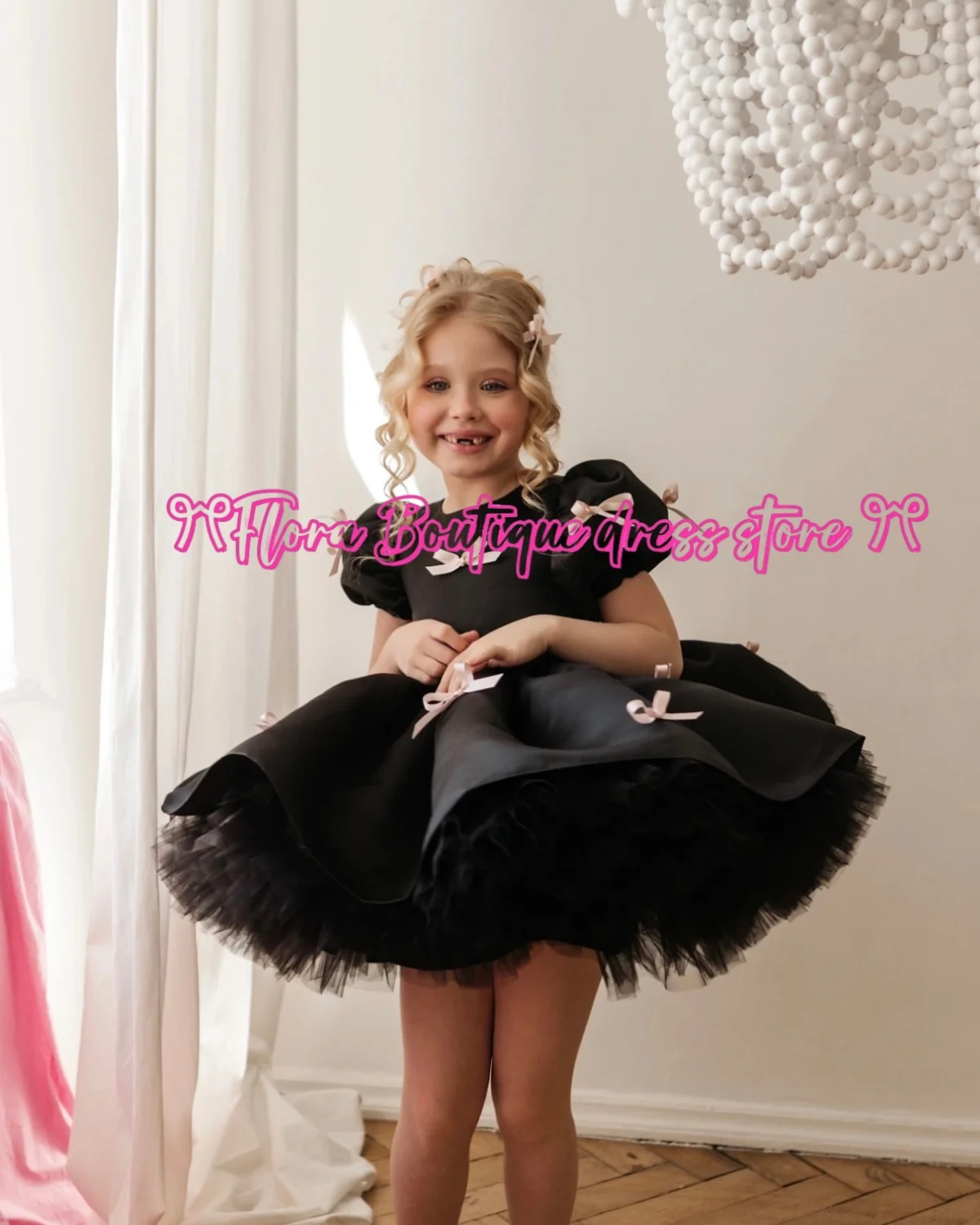 Flower Girl Dress Satin Tulle Puffy Bow Short Sleeve For Wedding Birthday Prom Pageant Holy Communion Gown Parties Customized