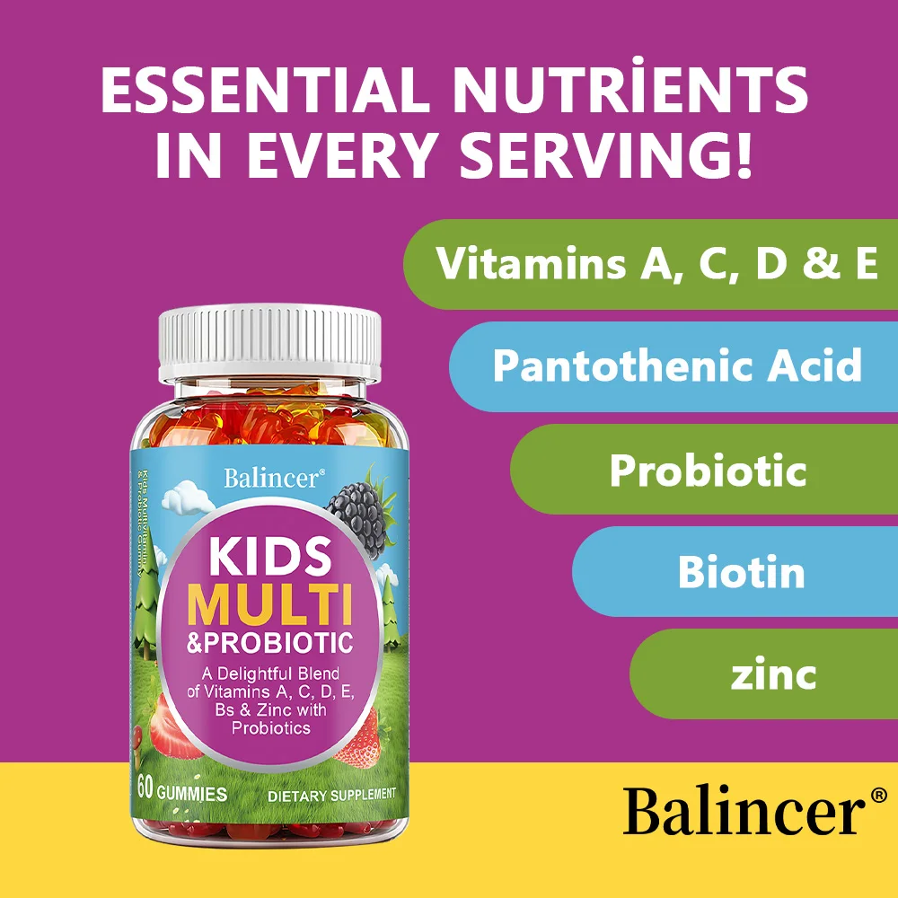 Organic Kids Multivitamin Gummies, with Vitamins A, C, D, E, Zinc, Probiotics, Promotes Digestion and Enhances Immunity