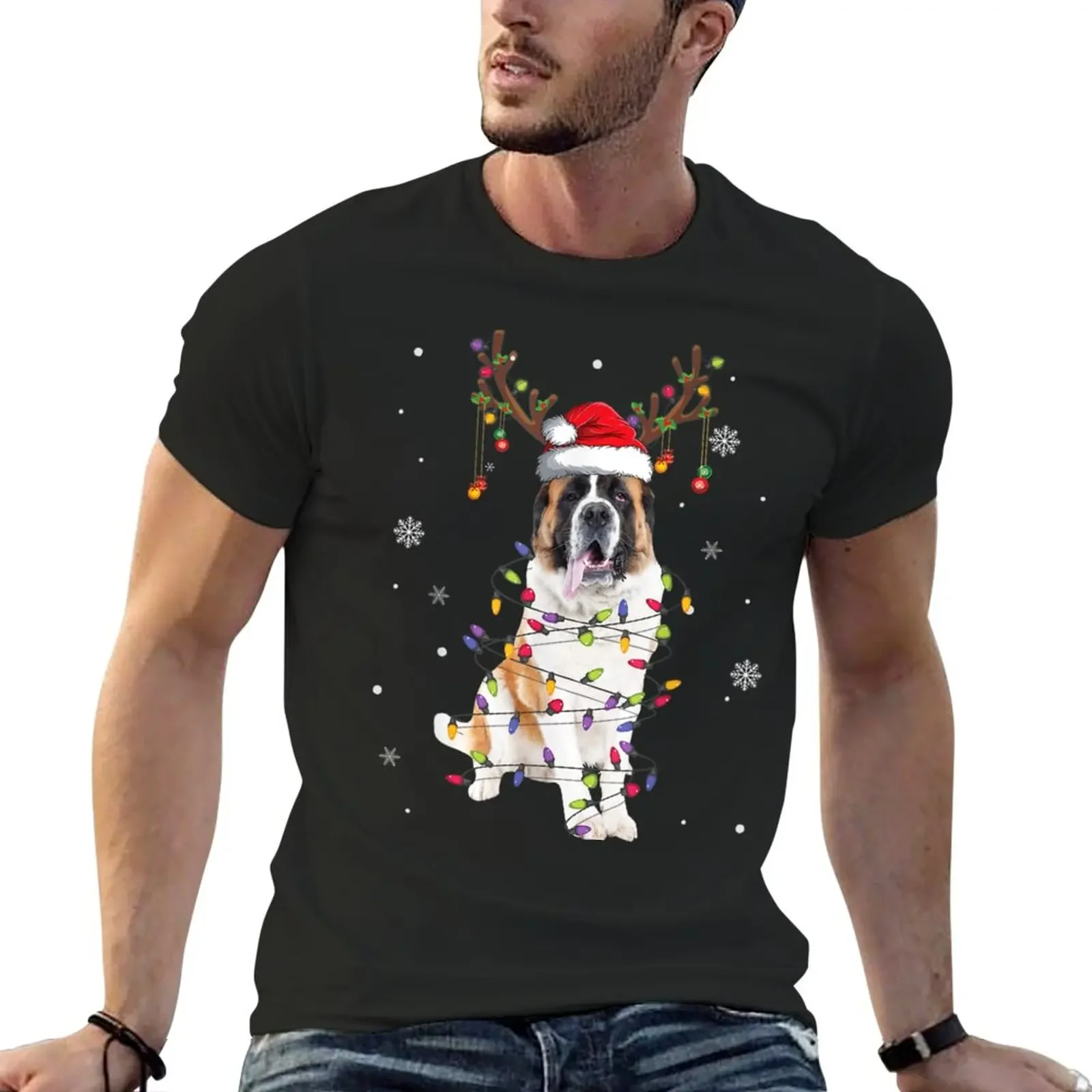 

St Bernard Christmas Reindeer Santa Dog Lover Pajama T-Shirt Short sleeve tee boys whites oversizeds designer t shirt men