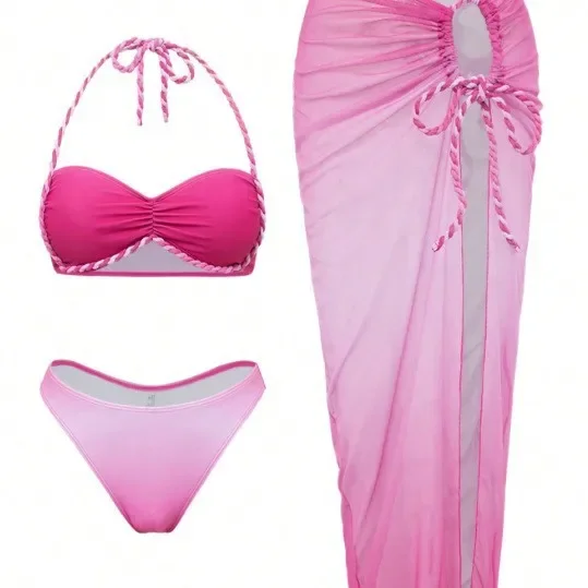 Sexy Gradient Swimwear Women 2026 Pleate Push Up Drawstring Side Long Skirt 3 Piece Bikini Set Beach Bathing Suit Swimsuit