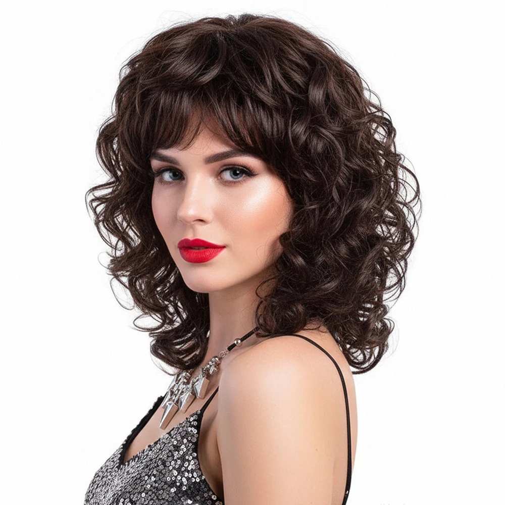 

MSIWIGS Lady Brown Curly Synthetic Wigs with Bangs Heat Resistant Short Ombre Wig for Women