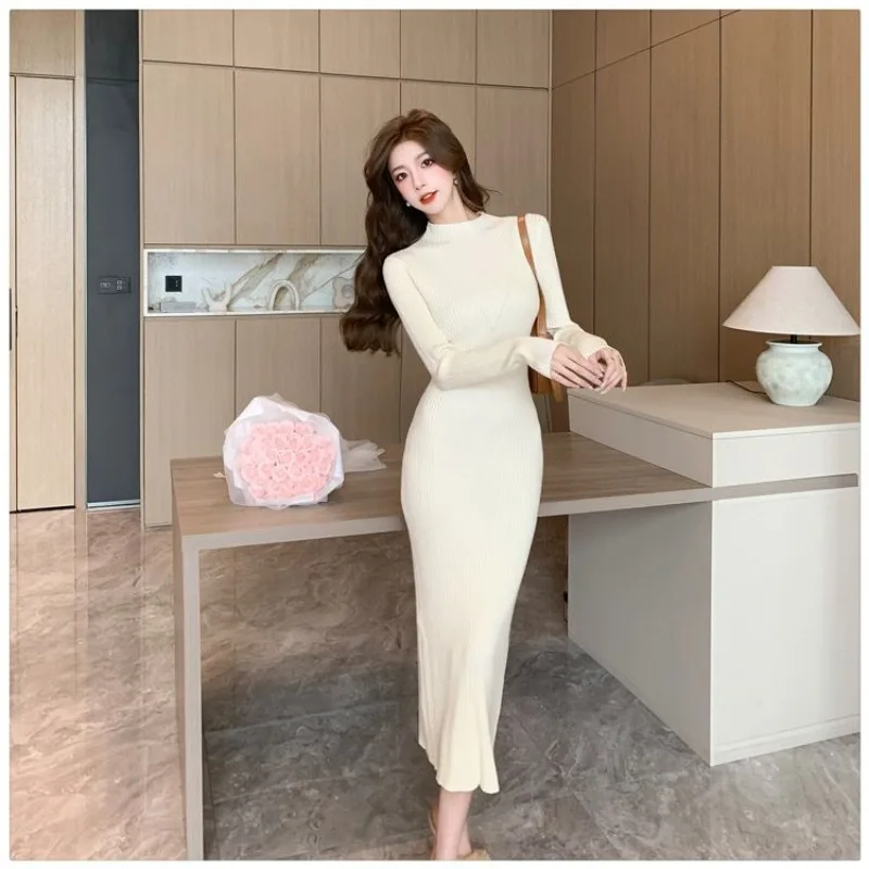 French Long-sleeved Knitted Dress Half High Neck Slim Sweater Maxi Ribbed Purple Bodycon Skirt Formal Occasions Elegant Gowns image 2