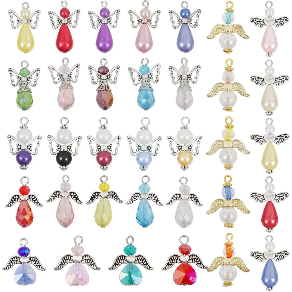 34Pcs 7Styles Angel Wing Charms Glass ABS Plastic Imitation Pearl Beaded Pendants with Acrylic Alloy Findings for Bracelet