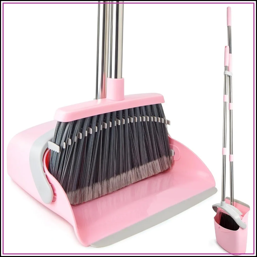 Long Handle Broom & Dustpan Set, Self-Cleaning Comb, Foldable, for Home & Office