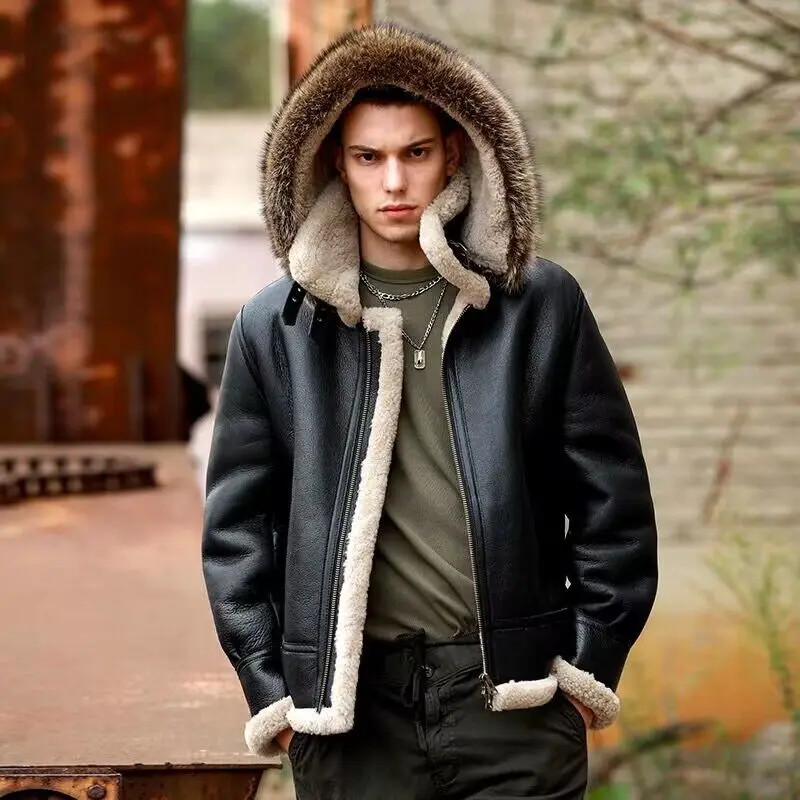 

Winter Outerwear for Man Genuine Sheepskin Leather Coat Shearling Wool Jacket for Male Real Fox Fur Raccoon Hooded 6XL 7XL 8XL