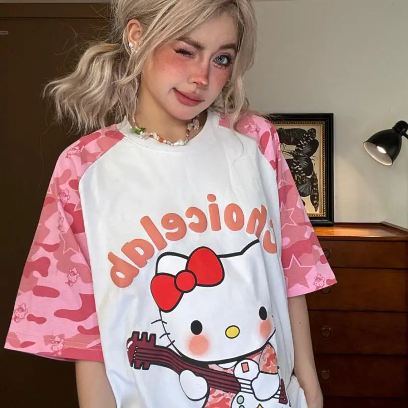 

Kawaii Sanrio Anime T-Shirt Cute Hello Kitty Cartoon Y2K Sweet Printing Loose Casual Raglan Sleeves Short Sleeve Gifts for Girls