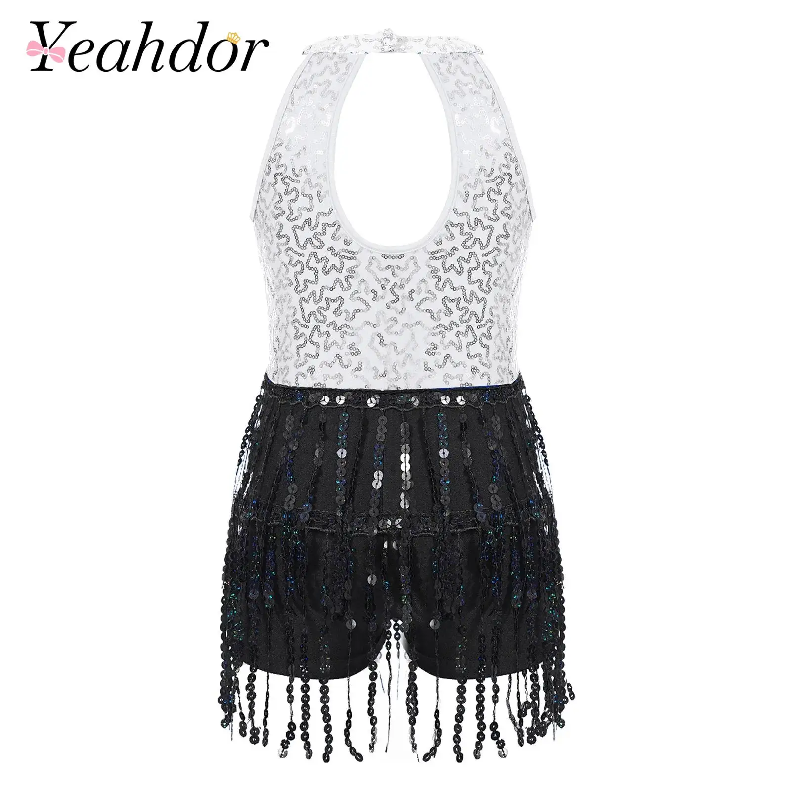 

Kids Girls Sleeveless Sequin Tassels Latin Cha-cha Leotard Dress Children Modern Performance Dancewear Tap Jazz Dance Costume