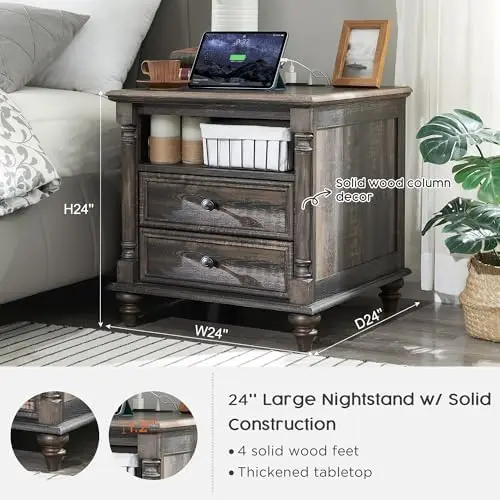 24'' Farmhouse End Table w/4 Solid Wood Feet, Large 2 Drawers Wide Sofa Side Table with Charging Station, Tall Rustic