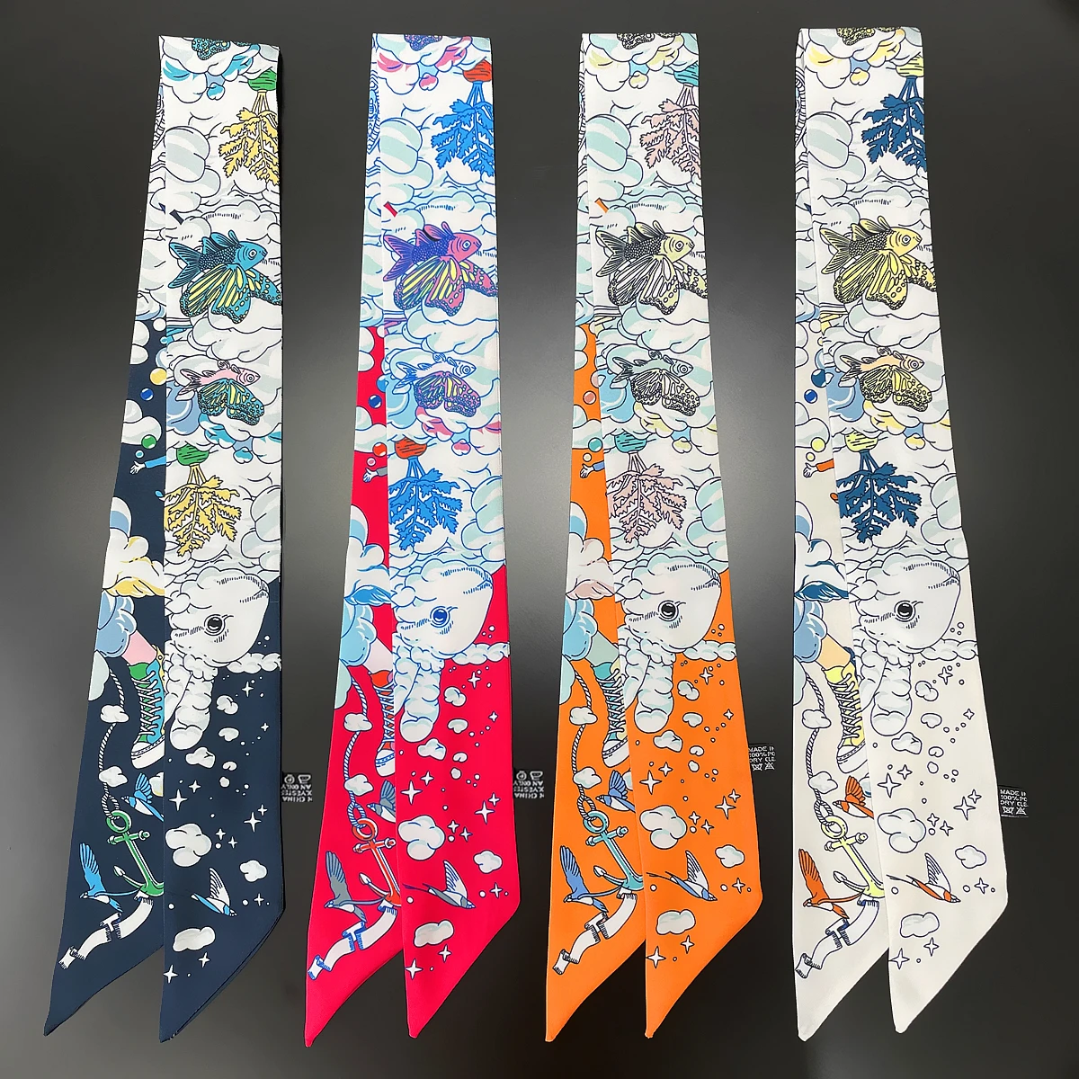 2024 Design Flying Fish Scarf Women Luxury Brand Silk Scarf Fashion Foulard Skinny Bag Scarves Hair Headband Neckerchief