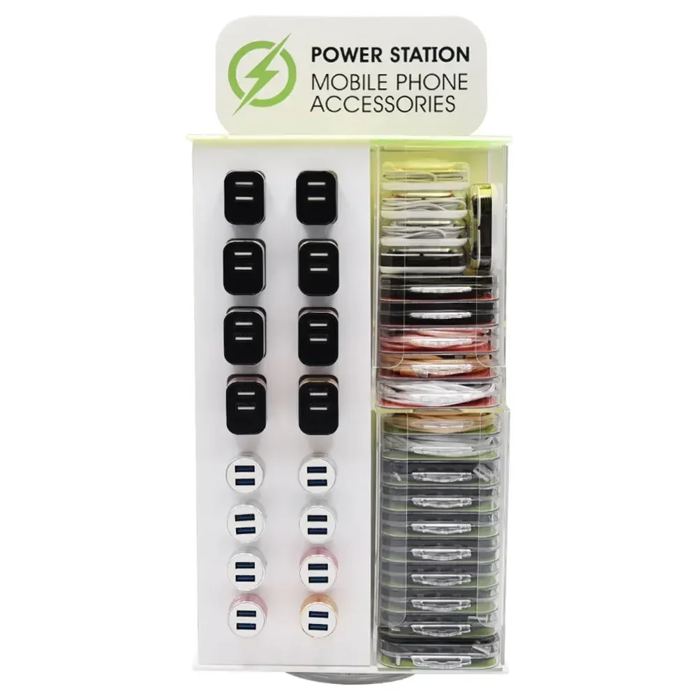 

2020 New Design Acrylic Mobile Accessories customized Display with wall charger,car charger, earbuds usb cable