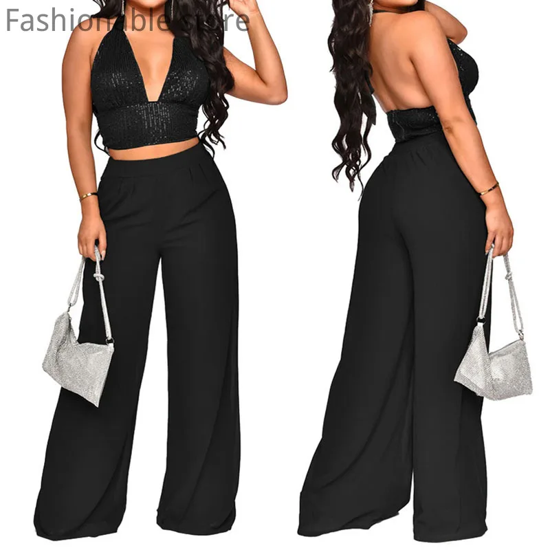 

Women Two-Piece Sequined Halter Crop Top And High Waist Chiffon Pants Set