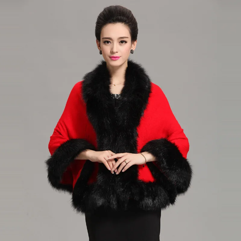 European and American Autumn and Winter New Imitation Fox Fur Shawl Cape Plus Size Women's Knitted Cardigan Jacket