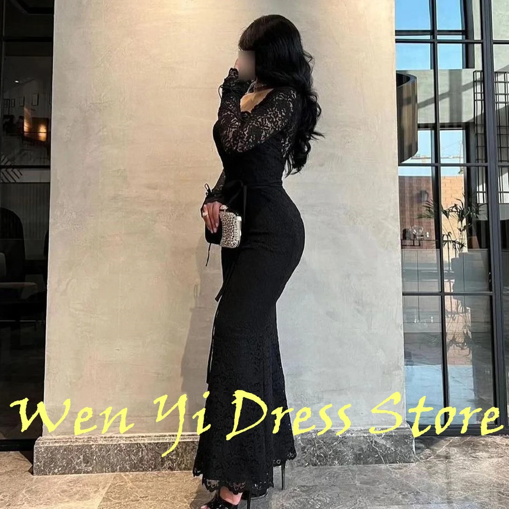 Black Lace Elegant Appliques Saudi Arabia Evening Dress Classic Straight Ankle Length Square Neck Custom Made Long Sleeves 2024