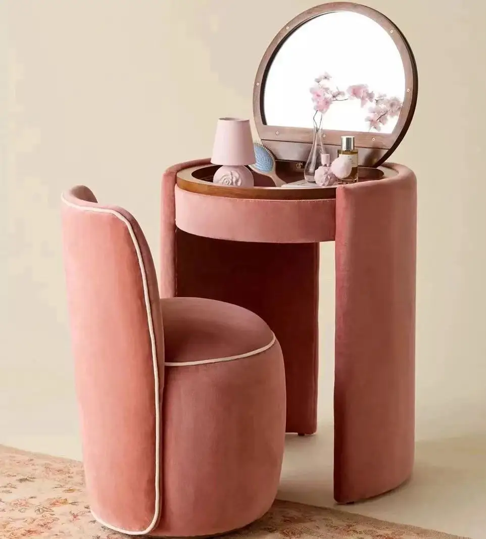 Luxury vintage antique upholstered makeup dresser with foldable mirror and stool set, wooden corner dresser for bedroom